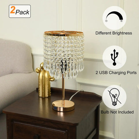 Gold Crystal Table Lamp with USB Ports and Touch Dimmer on a wooden nightstand near a beige couch, part of a set of 2.
