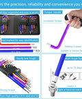 27 Piece Hex Key Set Color Coded Chrome Vanadium Steel with T Handle demonstrated increasing torque and wrench set in nylon case.