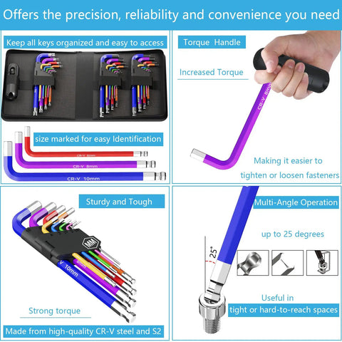 27 Piece Hex Key Set Color Coded Chrome Vanadium Steel with T Handle demonstrated increasing torque and wrench set in nylon case.