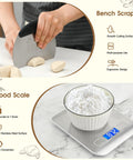 Pro-Grade Sourdough Starter Kit with bench scraper cutting dough and food scale measuring flour for perfect loaves.
