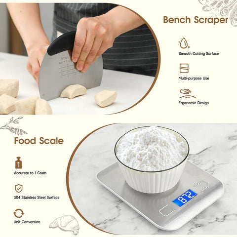 Pro-Grade Sourdough Starter Kit with bench scraper cutting dough and food scale measuring flour for perfect loaves.