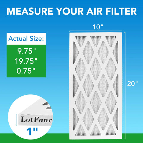 10x20x1 Air Filter MERV 8 Pleated 6 Pack For Furnace And AC Returns Easy Install Captures Dust Pet Hair Pollen Actual Size 9.75x19.75x0.75 Replace Every 90 Days For Clean Air