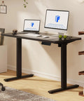 FLEXISPOT Electric Standing Desk With 40x24 Seamless One-Piece Black Desktop set up for dual monitors in stylish home office.