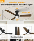 42 Inch Black Ceiling Fan With Light And Remote Control Noiseless Reversible Motor 6CCT Dimmable Flush Mount Options