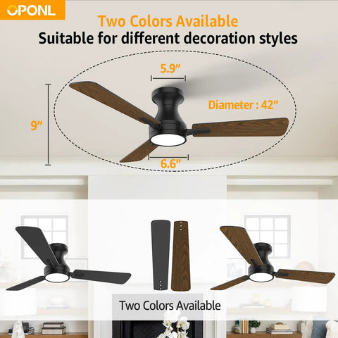 42 Inch Black Ceiling Fan With Light And Remote Control Noiseless Reversible Motor 6CCT Dimmable Flush Mount Options