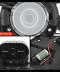 Close-up view of Engine Radiator Cooling Fan Assembly For Buick Verano And Chevy Cruze showing shroud, 4 wire connector, and detailed components.