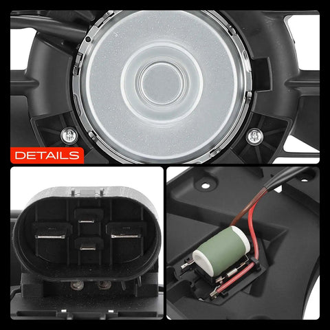 Close-up view of Engine Radiator Cooling Fan Assembly For Buick Verano And Chevy Cruze showing shroud, 4 wire connector, and detailed components.