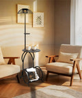 Must-Have Outdoor Solar Coffee Table With Light Black Iron 52.5 Inch Waterproof End Table For Living Rooms Or Patio Doubles As A Solar Floor Lamp And Plant Stand For Backyard Poolside Decor in a living room setting with chairs.