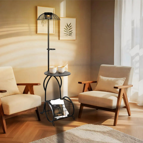 Must-Have Outdoor Solar Coffee Table With Light Black Iron 52.5 Inch Waterproof End Table For Living Rooms Or Patio Doubles As A Solar Floor Lamp And Plant Stand For Backyard Poolside Decor in a living room setting with chairs.