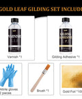 Front view of gold leaf gilding set: varnish bottle, gilding adhesive, 100 gold foil sheets, gloves, and brush