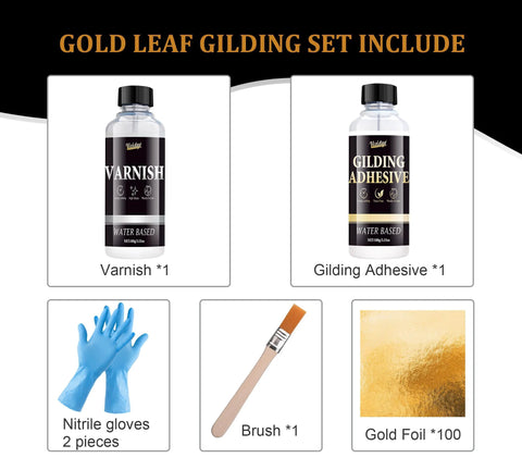 Front view of gold leaf gilding set: varnish bottle, gilding adhesive, 100 gold foil sheets, gloves, and brush