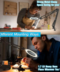 All In One Lighted Magnifier With Stand And Clamp For Close Work, 5X Magnification, shown in workshop settings