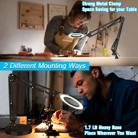 All In One Lighted Magnifier With Stand And Clamp For Close Work, 5X Magnification, shown in workshop settings