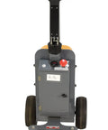 Heavy Duty Electric Powered Tugger With 1000 Lb Pull Capacity For Effortless Factory Material Handling Featuring Ergonomic Handle And Dead Man Switch Safety System In Bright Yellow Black Finish from rear view, showcasing the handle and wheels.