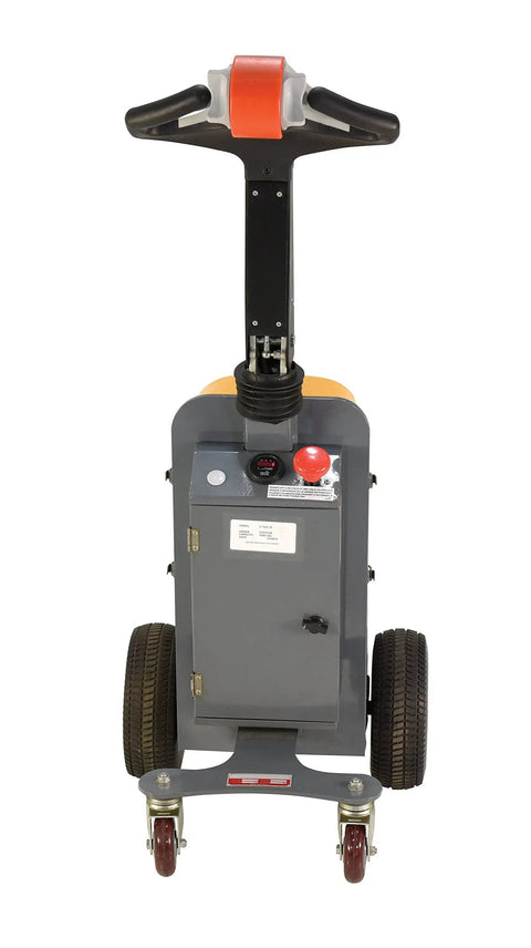 Heavy Duty Electric Powered Tugger With 1000 Lb Pull Capacity For Effortless Factory Material Handling Featuring Ergonomic Handle And Dead Man Switch Safety System In Bright Yellow Black Finish from rear view, showcasing the handle and wheels.