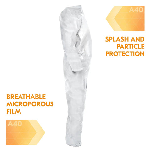 Side view of A40 Liquid And Particle Protection Coveralls With Zipper Front White Large Case Of 25 showing microporous film material