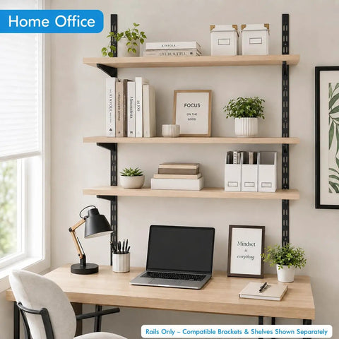 Home office setup featuring Ten Pack 5 Inch Adjustable Wire Shelf Brackets For Beefy Heavy Duty Closet And Wall Shelving System, Black.