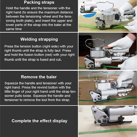 Heavy Duty Pneumatic Strapping Machine With Friction Heat Welding Portable Hand Baler For Warehouse Packing Handles Heavy Loads Without A Sweat Smooth Operation Every Time demonstration of strapping and baler operation steps.