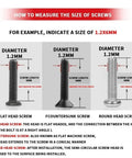 How to measure screws, showing flat head, countersunk, and round head screws, detailing dimensions for the Top Shelf Micro Screw Kit With Dependable Driver Ideal For Glasses Laptops Watches And Electronics Back Covers Rust Proof Precision Hardware That Knocks Out Any Job With Ease.