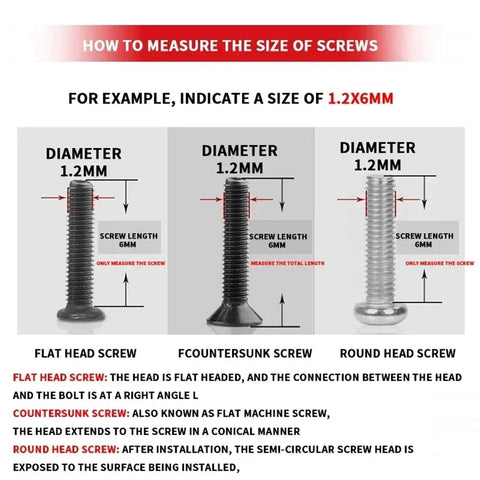 How to measure screws, showing flat head, countersunk, and round head screws, detailing dimensions for the Top Shelf Micro Screw Kit With Dependable Driver Ideal For Glasses Laptops Watches And Electronics Back Covers Rust Proof Precision Hardware That Knocks Out Any Job With Ease.
