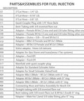 Front view of a fuel injection parts chart listing item numbers and descriptions (adapters, hoses).
