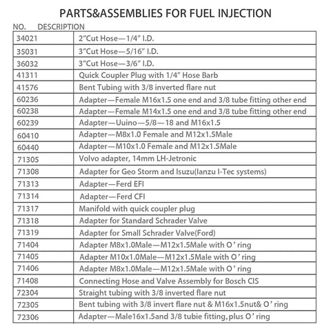 Front view of a fuel injection parts chart listing item numbers and descriptions (adapters, hoses).