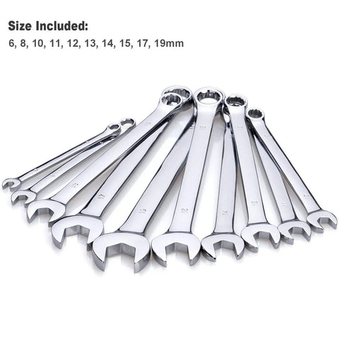 Beefy Metric Wrench Set With Long Pattern Open Ends, Chrome Vanadium Steel, Rust Resistant Mirror Finish, Includes 6, 8, 10, 11, 12, 13, 14, 15, 17 And 19mm Sizes, Plus Sturdy Storage Rack Organizer For Auto, Home, And Shop