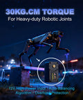 Two Pack Beefy 30Kg High Torque Serial Bus Servo Motor 12V for robotic joints showcasing torque capacity at night
