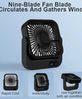Magnetic Travel Fan With Five Adjustable Speeds Cruise Ship Approved Battery Powered Personal Cooler shown in black with nine blades.