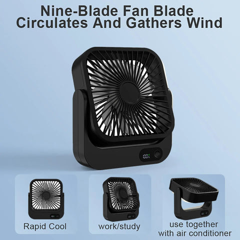 Magnetic Travel Fan With Five Adjustable Speeds Cruise Ship Approved Battery Powered Personal Cooler shown in black with nine blades.