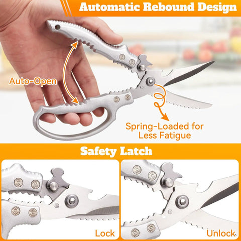 Heavy Duty Poultry Shears For Chicken And Bone Cutting Stainless Steel 3Cr13 Kitchen Scissors with auto-open safety latch
