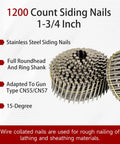 Stainless Steel Ring Shank Siding Nails 1-3/4-Inch X.090-Inch, 15-Degree Collated Wire Coil For Board Siding Or Fencing