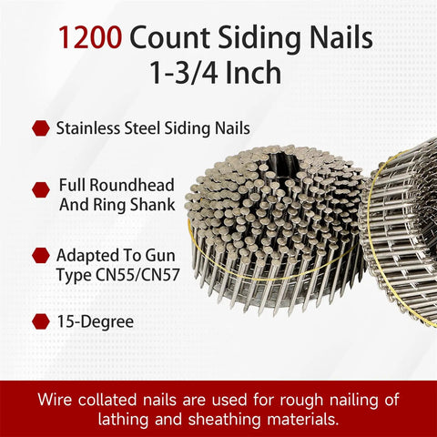 Stainless Steel Ring Shank Siding Nails 1-3/4-Inch X.090-Inch, 15-Degree Collated Wire Coil For Board Siding Or Fencing