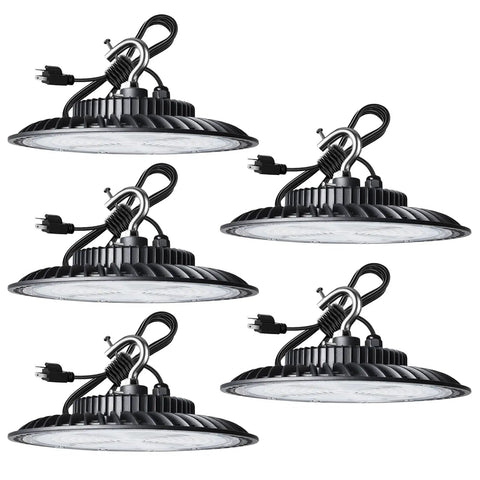 5-pack of 200W LED High Bay Lights for Shops and Barns, 5000K Daylight, ETL Listed, plug-in design, side view