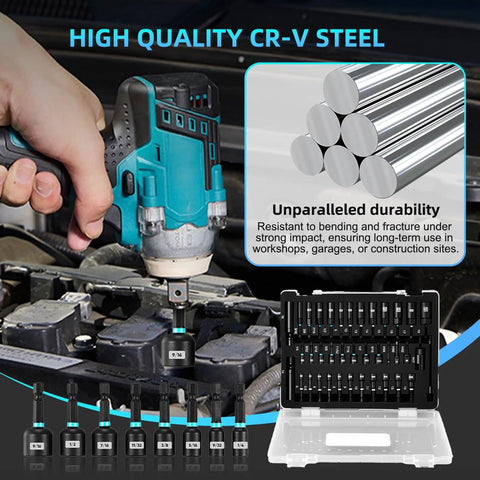 Person using Magnetic Impact Nut Driver Set All In One 38 Piece Pro Grade Heavy Duty Socket Kit on engine with organized case.