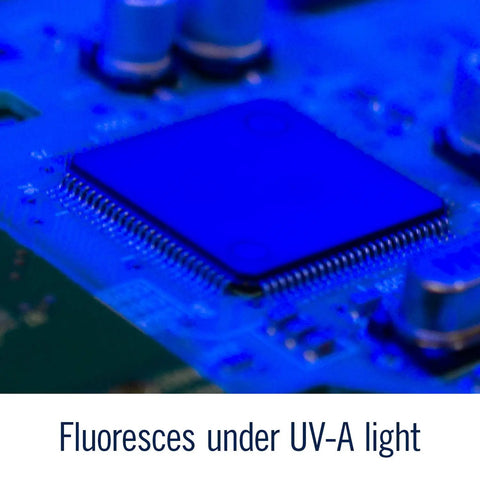 Electronic circuit board coated with Silicone Conformal Coating 422C, 55 mL Bottle For Electronics, fluorescing under UV light.