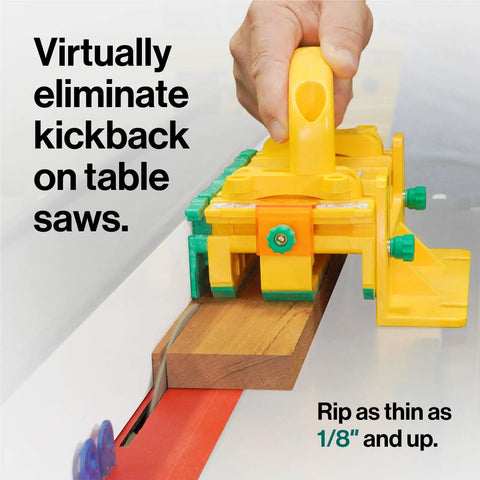 Top Shelf Grr Ripper Max Table Saw Push Pad Triple Force Grip Smashes Kickback And Guards Your Knuckles Full Tool Set With SafeRip Kit For Snappy Cuts On Thin Stock Usa Built Bright Yellow in use on a table saw.