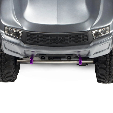 Front view of Beefed Up Aluminum Modular RC Crawler Bumper Set For 1/10 Scale SCX10 TRX4 Gspeed Power Wagon Body in black.
