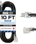 Heavy Duty Outdoor Extension Cord 12 Gauge 10 Ft With Lighted End, SJTOW Three Conductor 3 Prong displayed with cable label and plug ends