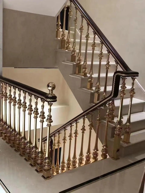 Heavy Duty Deck Banister Column 8 Pack With Adjustable Angle Brackets And Beefy Floor Mount Base railing design in elegant gold finish, perfect for upscale condos.