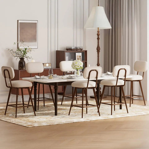 Dining room with 26 Inch Swivel Bar Stools Set Of 2 Beige PU Leather Counter Height Chairs With Low Back And Metal Legs