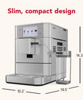 Sleek And Straight Up Fully Automatic Espresso Machine With Removable Bean Hopper One Touch Frothing System Forty Plus Barista Grade Cups Smooth Stainless Steel Housing For Daily Use, showcasing slim design and dimensions.