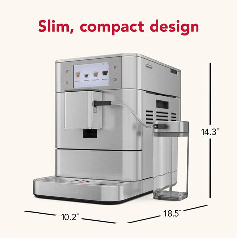 Sleek And Straight Up Fully Automatic Espresso Machine With Removable Bean Hopper One Touch Frothing System Forty Plus Barista Grade Cups Smooth Stainless Steel Housing For Daily Use, showcasing slim design and dimensions.