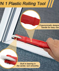 Using red 2-in-1 plastic rolling tool from Ultimate DIY Window Screen Repair Kit 14Pcs Set with Nylon Wheels for screen repair.
