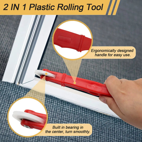 Using red 2-in-1 plastic rolling tool from Ultimate DIY Window Screen Repair Kit 14Pcs Set with Nylon Wheels for screen repair.