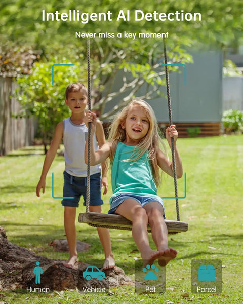 Children playing outside in yard, showcasing intelligent AI detection capability of Solar Wireless Outdoor Security Camera With 360 Degree View 2K Color Night Vision 2 Way Talk PIR Motion Alerts Cloud Storage Alexa Compatible Solar Powered 2.4G WiFi Weatherproof No Fuss Setup.