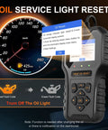 OBD2 Car Code Reader And Oil Light Reset Scanner For 1996 And Up Cars with screen showing oil reset instructions