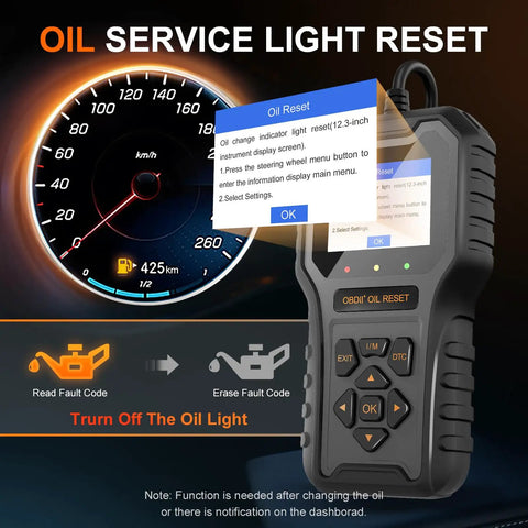 OBD2 Car Code Reader And Oil Light Reset Scanner For 1996 And Up Cars with screen showing oil reset instructions