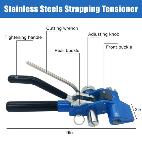 304 Stainless Steel Banding Kit With Tensioner And Cutter For Secure Packaging A Heavy Duty Strapping Tool That Delivers Easy Tensioning And Precise Cutting With A Ratchet Lock For A Firm Secure Grip, blue strapping tensioner tool, 9in