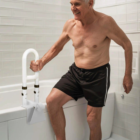 Senior using Bathtub Safety Grab Bar For Seniors And Disabled, Heavy Duty Over The Tub Handrail With Locking Clamp, Non Slip Grip